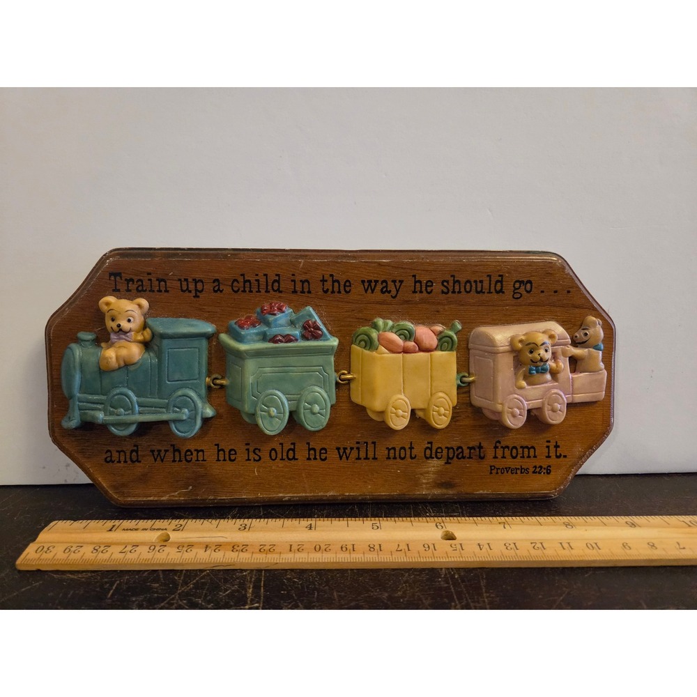 Vintage 1986 HOL Wooden Wall Plaque Proverbs 22:6 Teddy Bear Train Nursery Decor